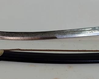 Sword Made In India With Embossed Blade, Brass Guard, And 'Deg Tegh Fateh' Written On Blade (Victory To Charity And Arms In Punjabi), 13.5" Blade, In Scabbard