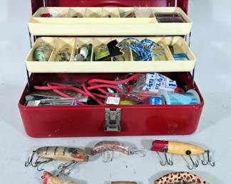 Victor Tackle Box With Contents, Includes Lures (Some Vintage Wood), Hooks, Line, Bobbers, Jigs, And More