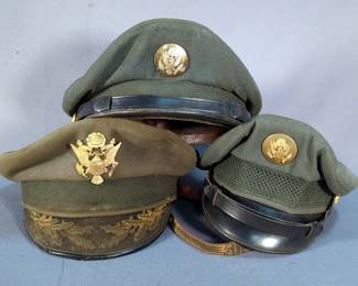 Post WWII US Army Senior Officer's Visor Cap, US Army M-1952 Vietnam Era Dress Cap, And US Army Service Cap