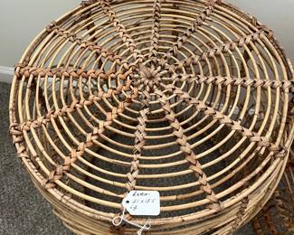C15 - $45 PAIR. Stackable Reed Side tables in great shape. Large one measures 21"Round x 18.5" Tall. Small one measures 20"Round x 15" Tall