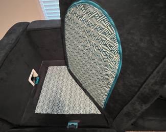 C19 - $3250. Lovesac "Sactional" Midnight Blue. 6 seat - 8 Side Modular Sectional in excellent condition. 1 Charge Side. Lovesac pillows and blankets included. Includes 2 tables & 3 cup holders. Each module measures 35" Wide x 29" Deep seats Measure 35" x 35". (This retails for over 6k)