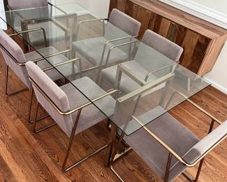 C2 - $350. CB2 / Crate & Barrel Glass Table With 6 Rouka Chairs. This set is in great condition! Measures 36" Wide x 72" Deep x 29.5"Tall. TABLE ONLY!