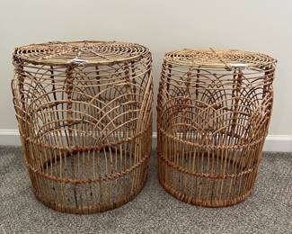 C15 - $45 PAIR. Stackable Reed Side tables in great shape. Large one measures 21"Round x 18.5" Tall. Small one measures 20"Round x 15" Tall