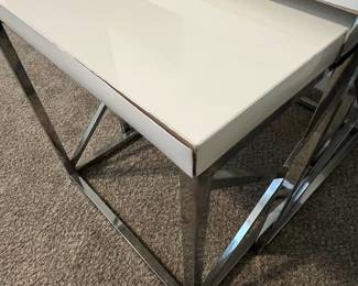 C23 - $50. Pair of Nesting Tables in good condition. One needs a little glue on an end (pictured). Largest Measures 19.5" Wide x 19.5" Deep x 21" tall. Smaller one 17.5" Wide x 17.5" Deep x 19" tall.