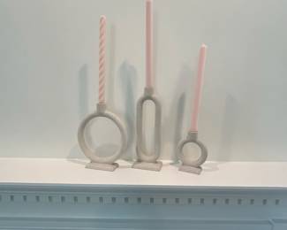 C9 - $45. Crate & Barrel "Lorin Cement Taper Candle Holders" Trio. Tallest is 10", Smallest is 5", mid size is 8". (Still retail for $90)