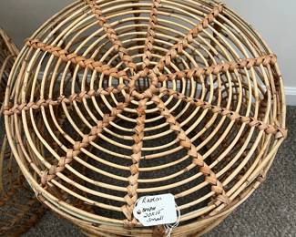 C15 - $45 PAIR. Stackable Reed Side tables in great shape. Large one measures 21"Round x 18.5" Tall. Small one measures 20"Round x 15" Tall