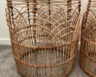 C15 - $45 PAIR. Stackable Reed Side tables in great shape. Large one measures 21"Round x 18.5" Tall. Small one measures 20"Round x 15" Tall