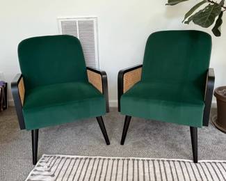 C5 - $275. Houzz Brand Pair of Green Chairs. These are both in excellent Condition. A scratch on a leg noted in picture. Measures 25.5" wide x 31.5" tall. Floor to seat is 16". (Pair retails for $500)