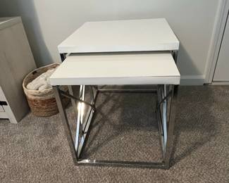 C23 - $50. Pair of Nesting Tables in good condition. One needs a little glue on an end (pictured). Largest Measures 19.5" Wide x 19.5" Deep x 21" tall. Smaller one 17.5" Wide x 17.5" Deep x 19" tall.