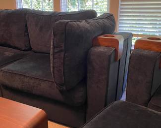 C19 - $3250. Lovesac "Sactional" Midnight Blue. 6 seat - 8 Side Modular Sectional in excellent condition. 1 Charge Side. Lovesac pillows and blankets included. Includes 2 tables & 3 cup holders. Each module measures 35" Wide x 29" Deep seats Measure 35" x 35". (This retails for over 6k)