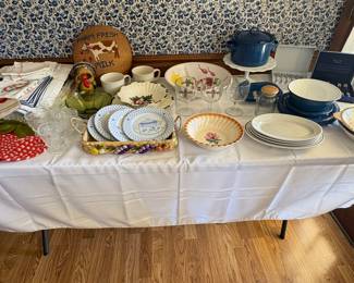Placemats, blue spatterware dishes, misc dishes