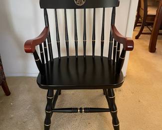 D5 - $200. Gorgeous solid wood Duke chair. Heavy and sturdy. Space on the back to attach a brass name plate. Black with gold detailing. 22"w 17.5"d 33.5"tall.