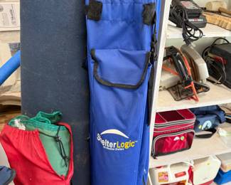 All weather Shelterlogic pop up, large Persian type rug, folding camp chairs