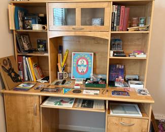 Office desk and supplies, books, etc