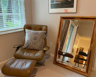 MCM chair with chrome legs and rosewood sides, large vtg beveled mirror, signed Dauphinee print.