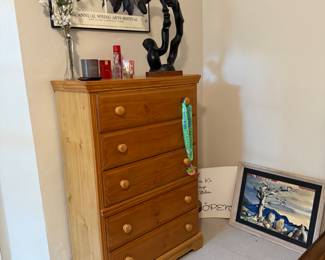 Chest of drawers, Annie Pais signed print, VTG “portrait of a woman” Klara Sever sculpture, perfumes and candles