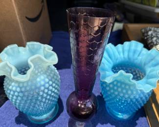 Fenton blue opalescent vases, empoli style purple honeycomb vase