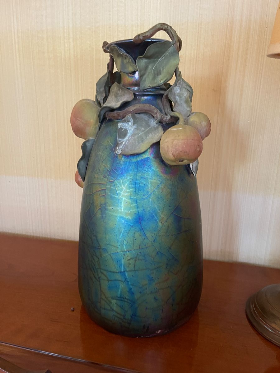 Amazing Raku vase Peaches iridescent - this one has been a bit hard to price - looked at Weller looked at Sicard - base has 10624 and the initials WG or WC