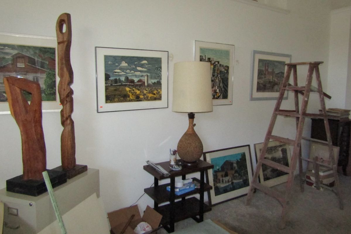 cork base lamp, statues, signed art work