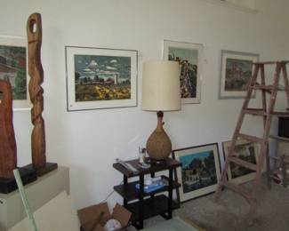 cork base lamp, statues, signed art work