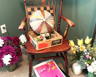 very nice Windsor chair, Barbies and case, pillow and checker board