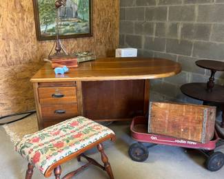 Awesome MCM desk, vintage bench, radio flyer
