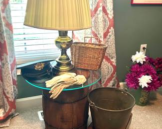 nail keg table, brass bucket