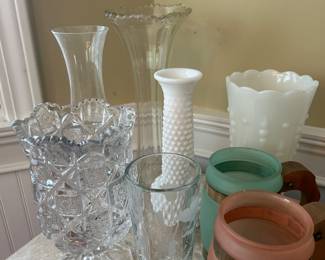 crystal and milk glass vases