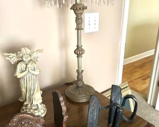 antique irons , bookends, pair of buffet lamps