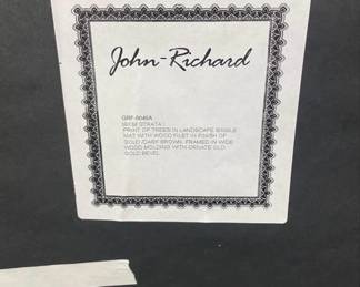 Detail shot of the makers mark, John Richard. We have other prints, lamps and wall art by the same maker.