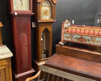 Tall clocks, blanket chests and a nanny bench
