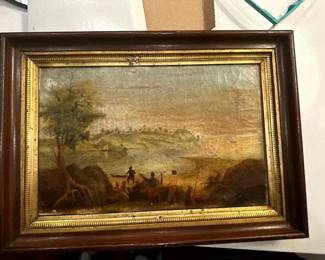 Antique Painting - unsure of age - depicting people on a shoreline