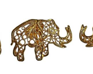 Gold Tone Ring Two Elephant Pins