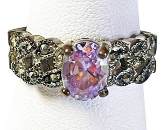 Silver Tone w Faux Marcasite Amethyst Ring