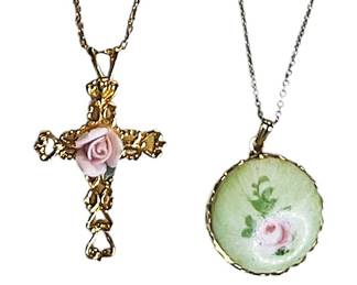 Porcelain Rose Cross Floral Disc Pendants