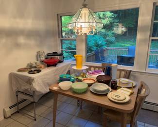Kitchen Table w/ 4 chairs and one extension board. Dansk, Vintage Tupperware and more. 