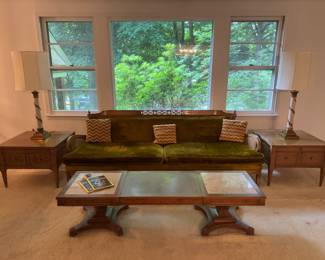Mid-Century Modern living room set, handmade accent pillows, Stiffel lamps