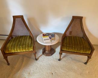 Mid-Century Modern Accent chairs and Marble Pedestal Table