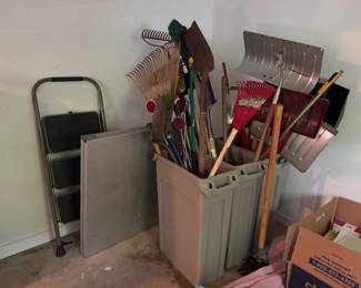 Aluminum folding table, shovels, garden tools, three step stool