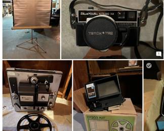 vintage screen, 8 mm bell and howell projectir, splicer, camera