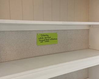 Stanley white Student Desk, bookcase with pegboard inserts, and chair