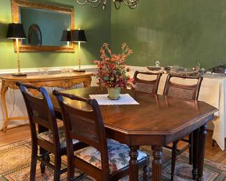 Lovely antique dining table (shown without leaf at 58 1/2”) with fluted legs, includes table pads and one 11 1/2” leaf, fully extends to 70”