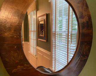 Stunning painted oval antique wooden mirror. See additional photos of the detail. 34” x 30”