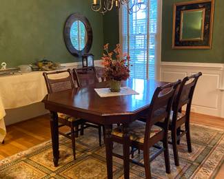 Lovely dining room with antique dining table and 5 chairs, Whitney Rugs & Carpets 100% wool rug 78” x 115”