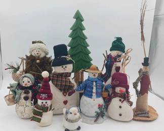 (8) Snowmen Figurines, (1) Small Winter Bird & (1) Christmas Tree Figurine