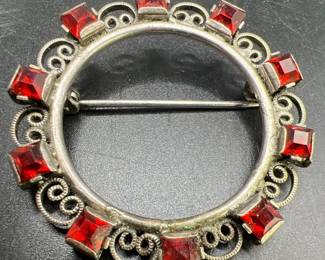 H&S Sterling Silver Brooch with Red Sparkling Accents