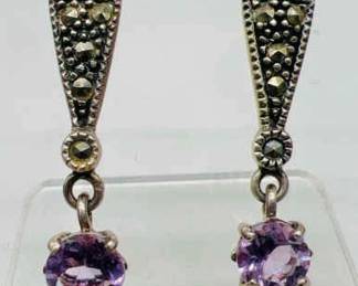 1” Sterling Silver Drop Earrings with Sparkling Purple Accents