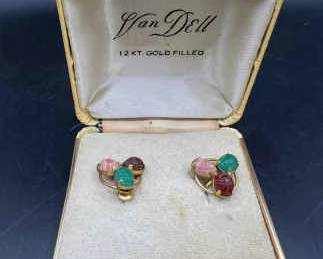 Vintage Carved Scarab Stone Earrings in Gold Fill