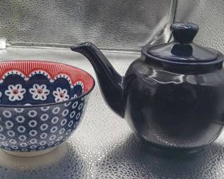 (2) Navy Tea Pitcher & Red White & Blue Bowl