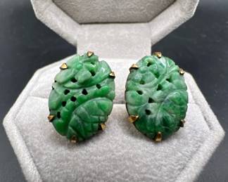 1/20 12K GF Antique Carved Green Stone Earrings
